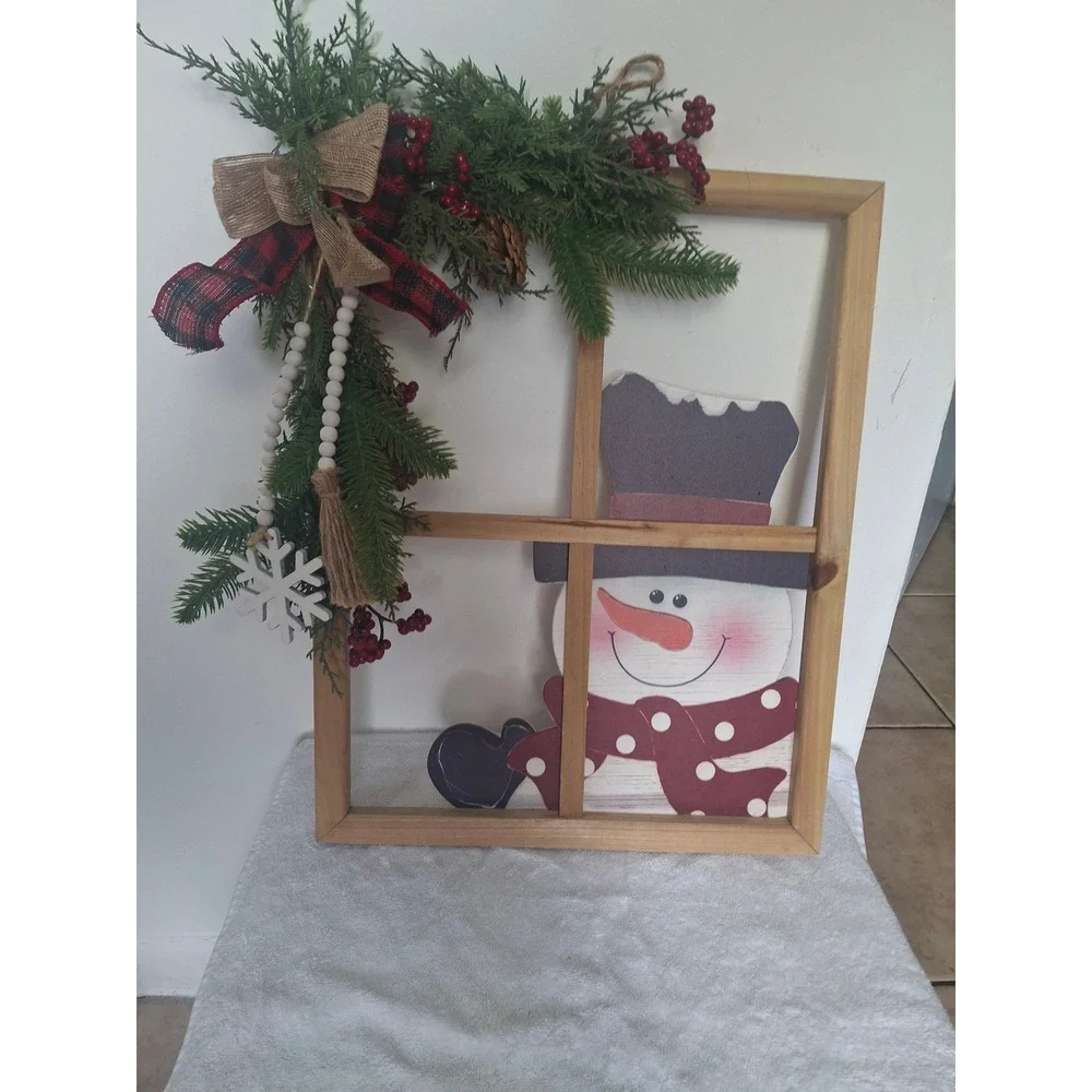 Millennium Gifts Wooden Window Pane Snowman Christmas Wall DecorRustic Farmhouse